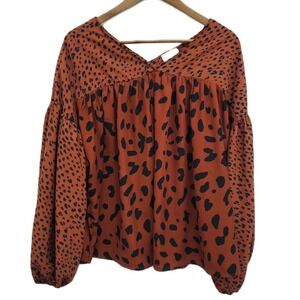 Rust Animal Print Blouse Top Long Balloon Sleeve Boho Grunge Fall Aesthetic